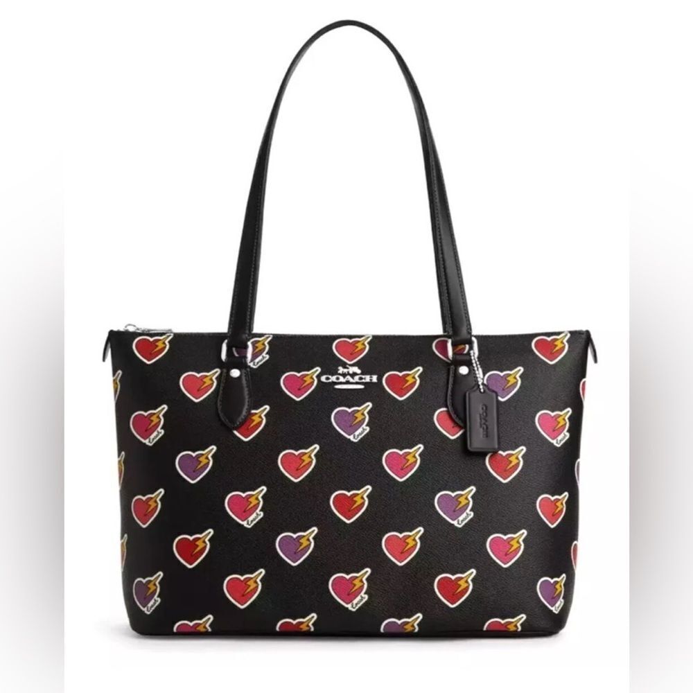 🔥🎁NWT! Coach Gallery Tote Bag with Heart Bolt Print Black Multi Msrp:$378.00